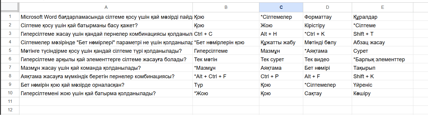 Пример таблицы